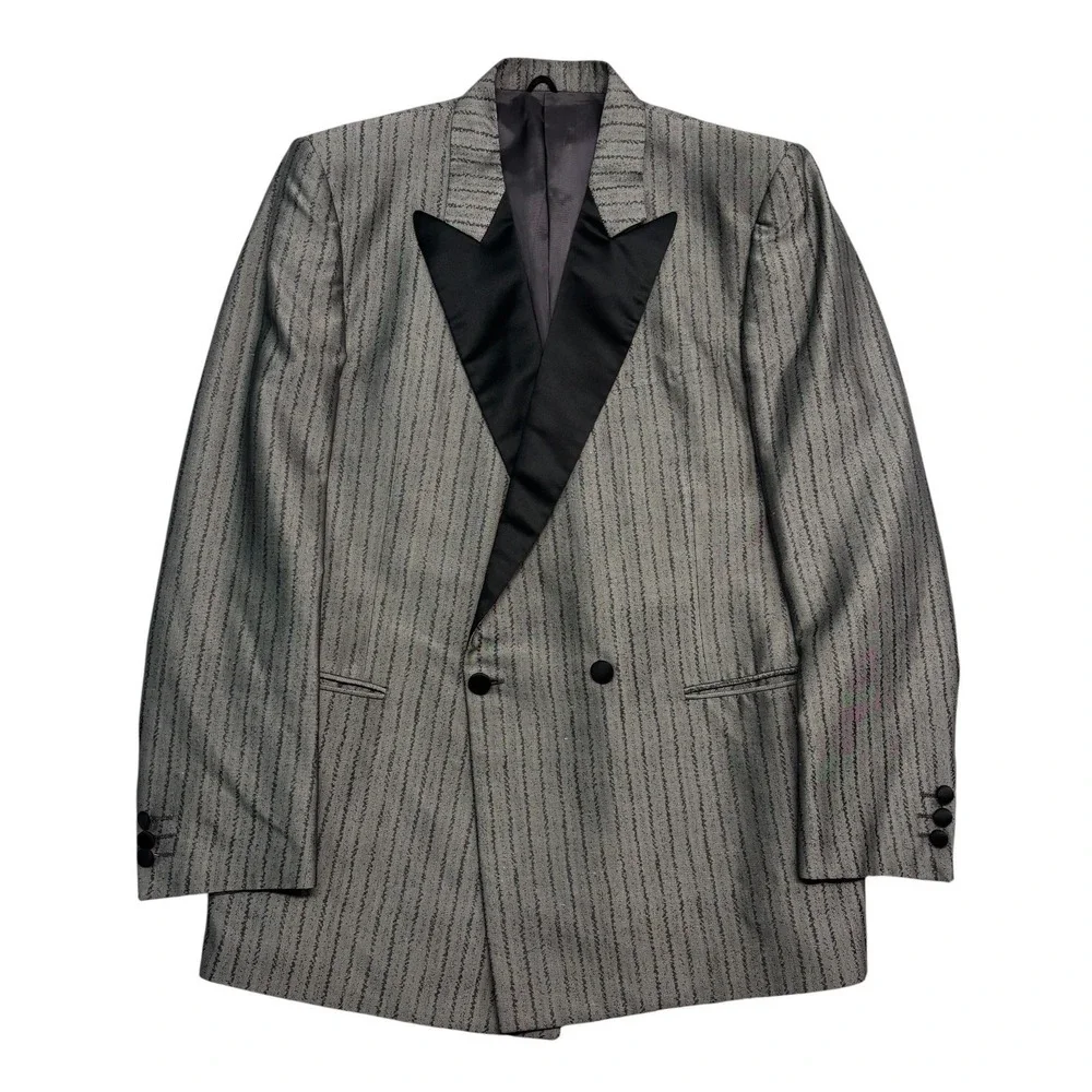 vtg Ted Lapidus 40R Gray Striped Silk Tuxedo Jacket Double Breasted Blazer Italy